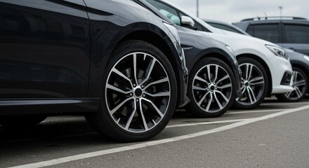 A row of parked cars in black, gray, and white is shown in a close-up, highlighting their wheels and headlights in a parking lot