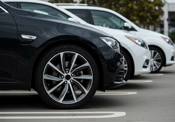 Highlighting their wheels and headlights, a row of black, gray, and white cars is parked in a close-up in a parking lot