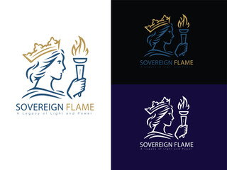 Sovereign Flame Logo Set: A visually compelling logo showcases a regal figure holding a torch with a vibrant flame, exuding an aura of empowerment and illumination.