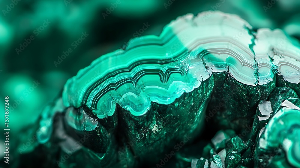 Poster a macro image of a beautiful malachite stone, emphasizing its rich green color and banding patterns