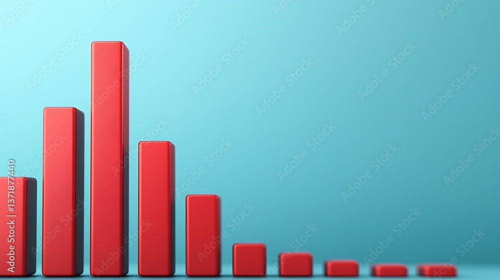 Poster a series of red vertical bars representing data visualization against a light blue background, illus