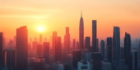Fototapeta premium A breathtaking city skyline at sunset, with towering skyscrapers silhouetted against a colorful sky, creating a serene urban landscape.