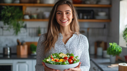Smiling woman holding a bowl of fresh salad in a bright kitchen with a happy and healthy look