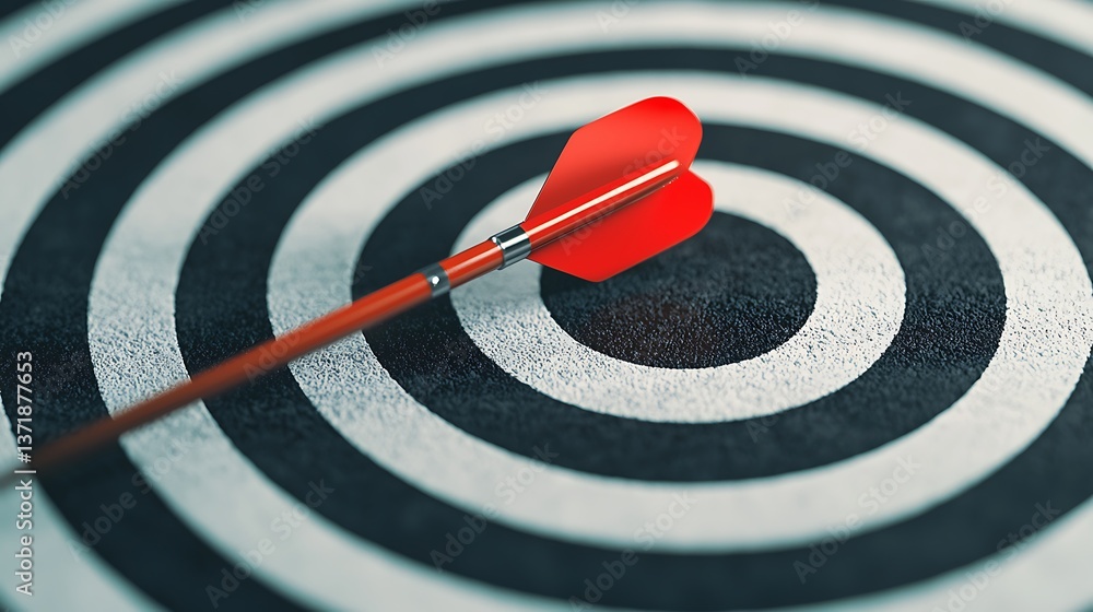 Poster a close-up view of a red dart embedded in the center of a black and white target, symbolizing focus 