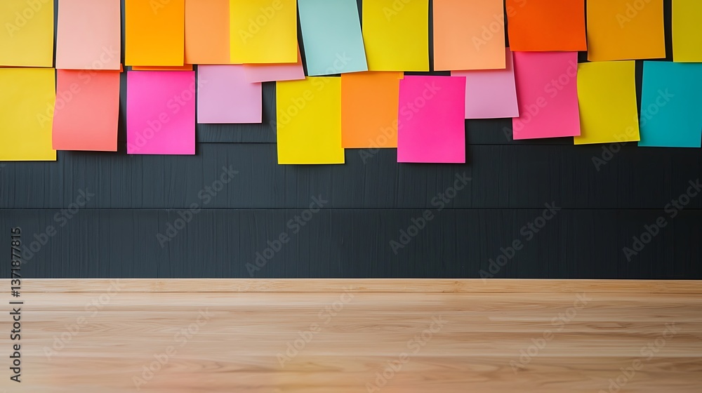 Poster a vibrant display of colorful sticky notes on a black wall, creating an organized yet creative works