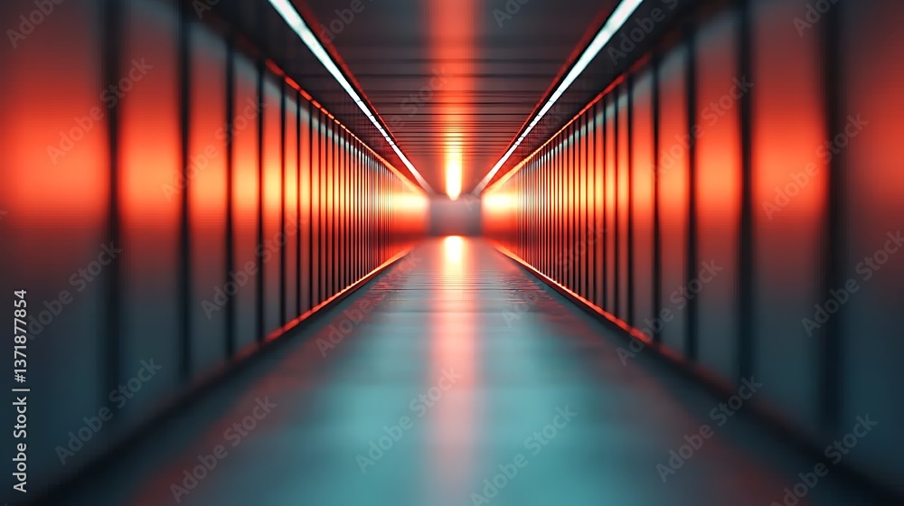 Poster a futuristic corridor illuminated by vibrant orange and blue lights, creating a striking visual effe