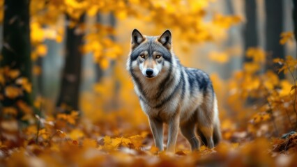 Portrait of a wolf watching in its natural forest habitat with warm autumn colors.