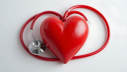 Red heart model with stethoscope, symbolizing cardiac health.