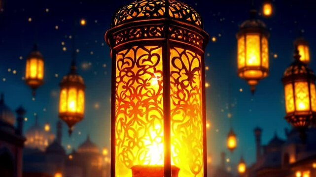 Beautiful glowing lantern animation with intricate metal design, floating in night sky during Ramadan or festive celebration, perfect for cultural, religious, or holiday-themed video backgrounds
