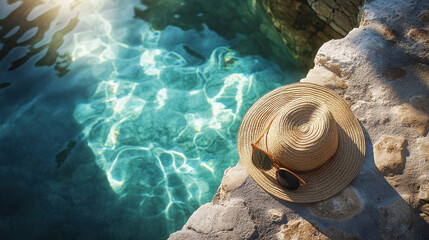 A summer-themed editorial photo of a straw hat and vintage sunglasses on the edge of a tranquil pool, sun rays refracting through the water, subtle textures on stone