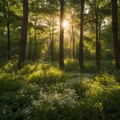 Obraz premium A vibrant summer forest bathed in golden sunlight, where lush green trees sway gently in the warm breeze. Sunbeams filter through the dense canopy, casting dappled patterns on the forest floor, alive 