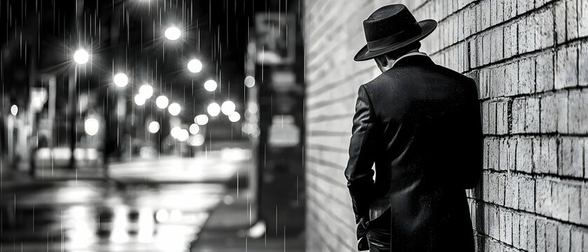 Fototapeta Solitary Figure in Rain at Night City Street