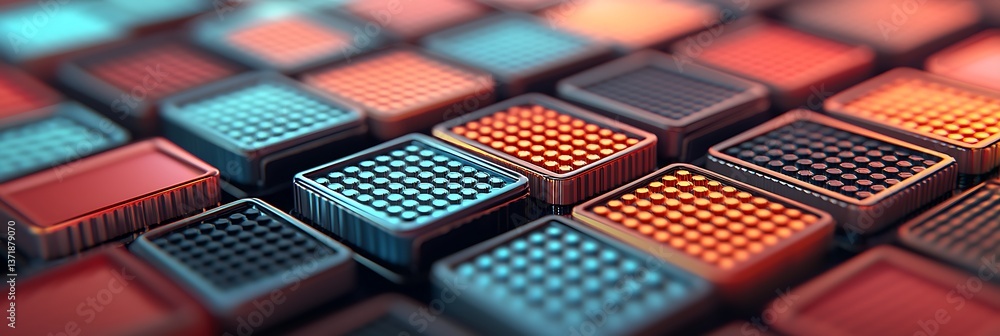 Poster a visually striking close-up of textured squares in vibrant colors, showcasing a modern geometric de