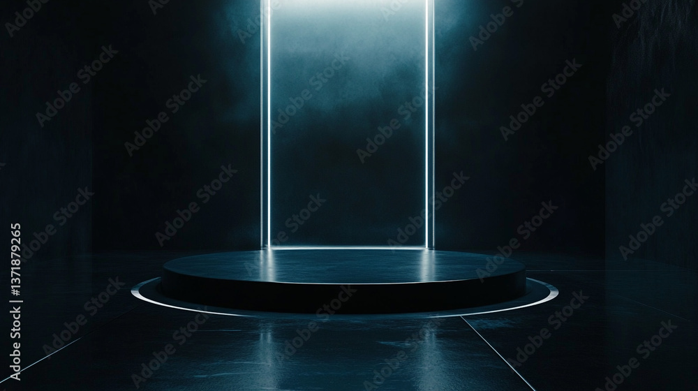 Poster illuminated platform with neon square in a dark room creating a futuristic presentation stage