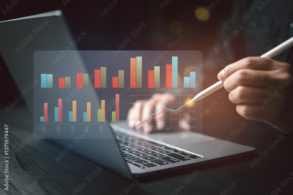 Poster Analyzing business data with interactive digital graphs for strategic insights and performance tracking.