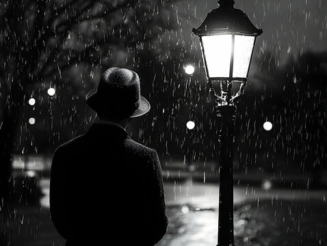 Fototapeta Solitary Man in the Rain at Night