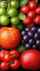 Fresh vibrant fruits and vegetables with water droplets arranged beautifully on a dark surface