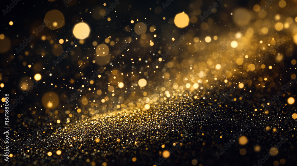 Poster a dazzling display of golden bokeh lights and sparkling dust on a dark surface creating a magical ef