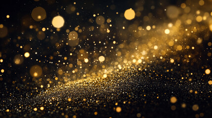 Obraz premium A dazzling display of golden bokeh lights and sparkling dust on a dark surface creating a magical effect