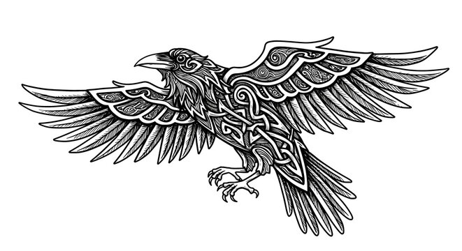 intricate Celtic raven design, with flowing interwoven lines forming the bird’s silhouette, inspired by ancient Gaelic art