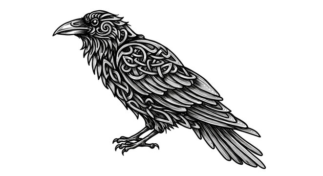 intricate Celtic raven design, with flowing interwoven lines forming the bird’s silhouette, inspired by ancient Gaelic art
