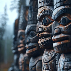 Intricate Dark Wood Totem Poles in a Misty Forest