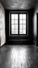 Interior view with a window and dark tones, textured wall and wooden floor adding an antique feel
