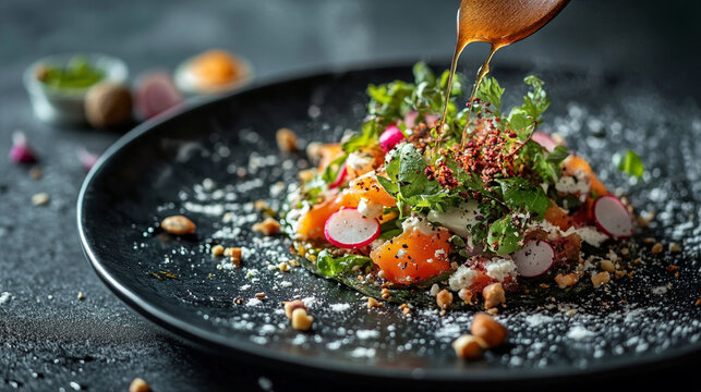 Close up of a salad with radish and salmon being drizzled with dressing on a black plate in dim lighting
