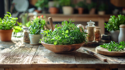 A rustic farmhouse table setting with hearty country dishes and fresh herbs
