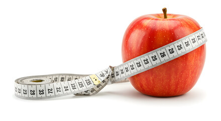 Red Apple Wrapped With a Measuring Tape Symbolizing Diet and Healthy Eating on White Background