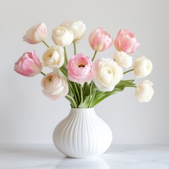 Obraz premium White Ceramic Vase with Pink and Cream Roses, Tulips, and Ranunculus on Marble Surface Against White Background