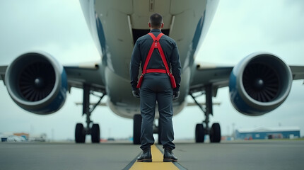 Dedicated Ground Crew Member Standing Before a Commercial Airplane on the Tarmac
