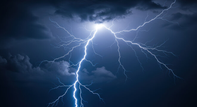 A brilliant lightning bolt pierces through the heavy clouds during a fierce thunderstorm.