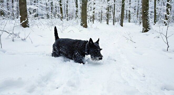 A Scottish Terrier in a Focused Tracking Posture, Its Nose to the Ground in a Snow-Covered Forest