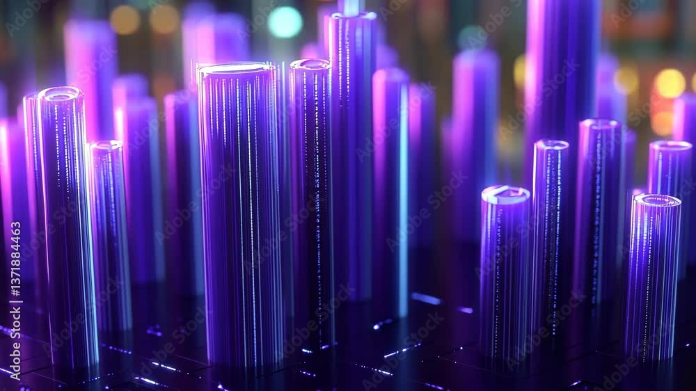 Aufkleber colorful neon cylinders create a mesmerizing visual display in a futuristic urban setting at night