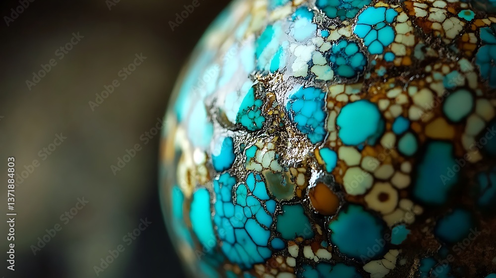 Poster a detailed view of a turquoise bead, highlighting its unique matrix and color variations