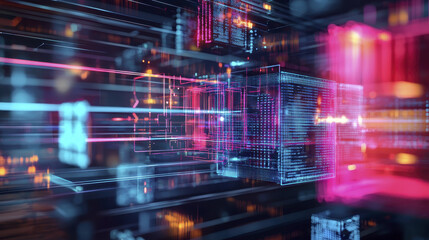 Fototapeta premium Futuristic holographic 3D shapes with vibrant colors and dynamic light effects create mesmerizing digital landscape