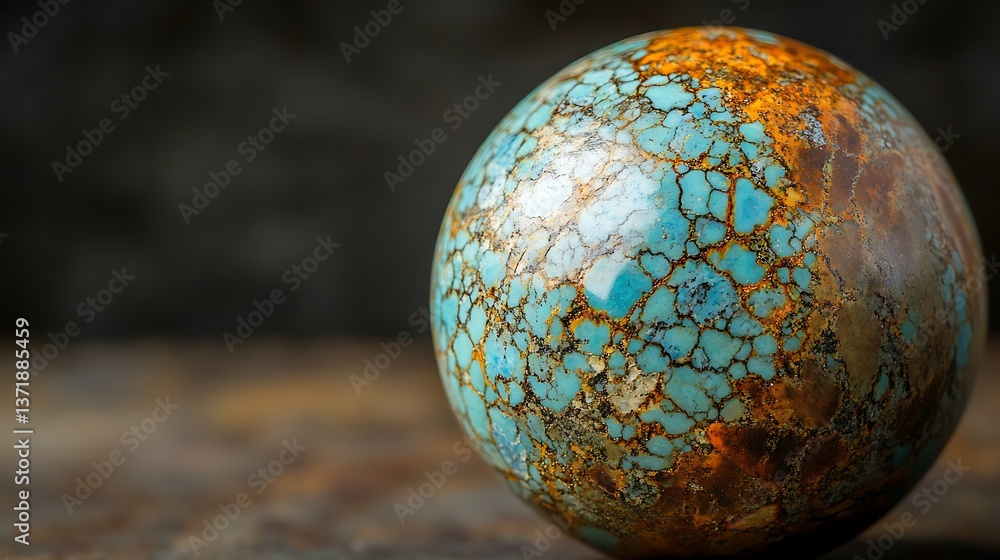 Poster a detailed view of a turquoise bead, highlighting its unique matrix and color variations