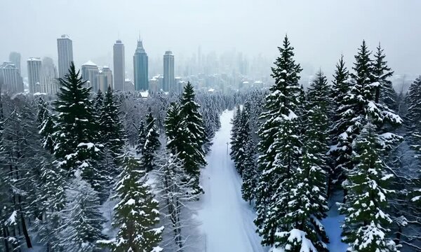 City and Forest in Snow