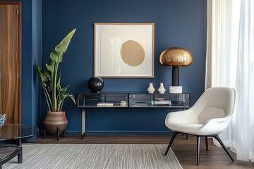 A modern interior with a deep blue accent wall, a smoked glass console table, and sculptural decor, combining contemporary and Japandi influences.
