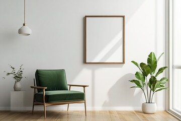 Minimalist composition of living room interior with design green armchair, mok up poster frame, plant and decorations. Home decor.
