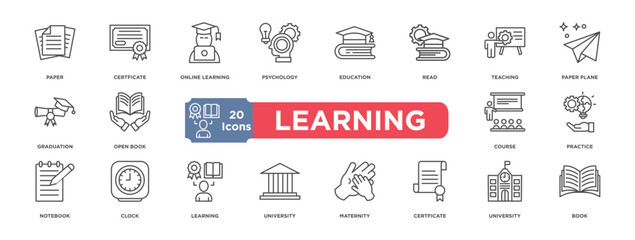 LEARNING icon collection set. Containing design  Paper,Certficate,Online learning,Psychology,Education,Read,Teaching ,Paper plane,Graduation,Open book,Course,Practice,Notebook,Clock,Learning