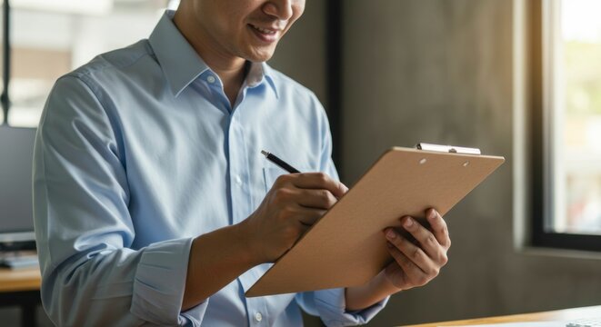 Smiling man taking notes