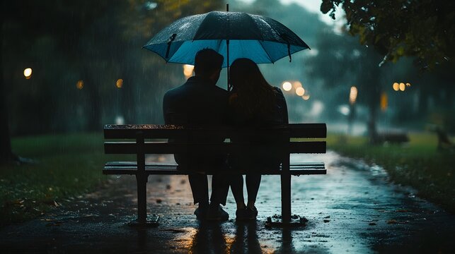 61. A couple sitting on a bench, sharing an umbrella in the rain
