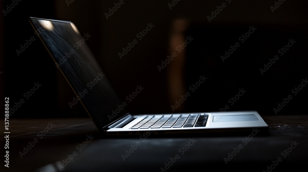 Poster side view of a laptop with the screen open on a dark surface in low lighting conditions indoors