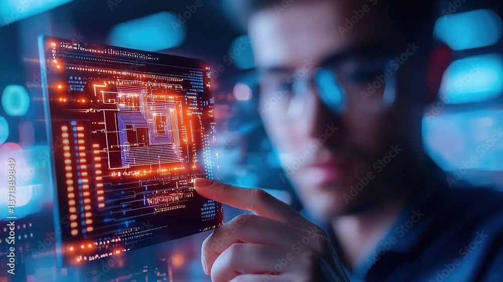 Poster a focused individual interacts with a futuristic holographic interface displaying circuit designs.