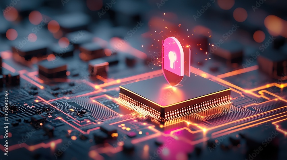Poster digital artwork depicting a secure lock symbol on a microchip, illustrating cybersecurity and techno