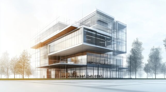 A conceptual design of an office building, featuring architectural plans and technical details.