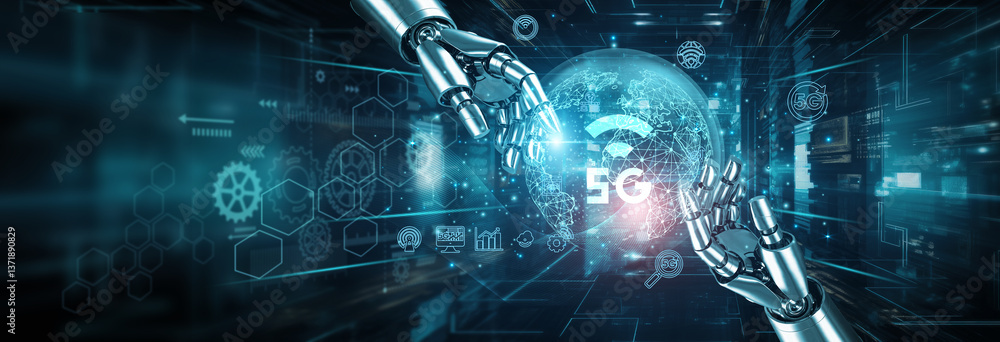 Poster hands of robots touching on 5g technology network connection highlight robotics leveraging high-spee