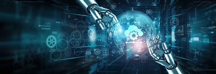 Hands of robots touching on a Platform as a Service network connection highlight robotics leveraging cloud-based tools. PaaS enables efficient app development deployment testing scaling, management.